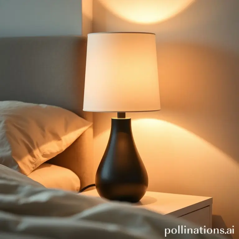 Black metal table lamp with white shade in a bedroom.