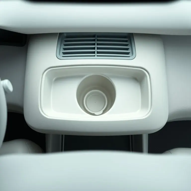 Overhead view of an empty car cup holder in a modern, minimalist car dashboard.