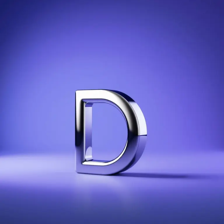 Minimalist chrome letter D on gradient background.