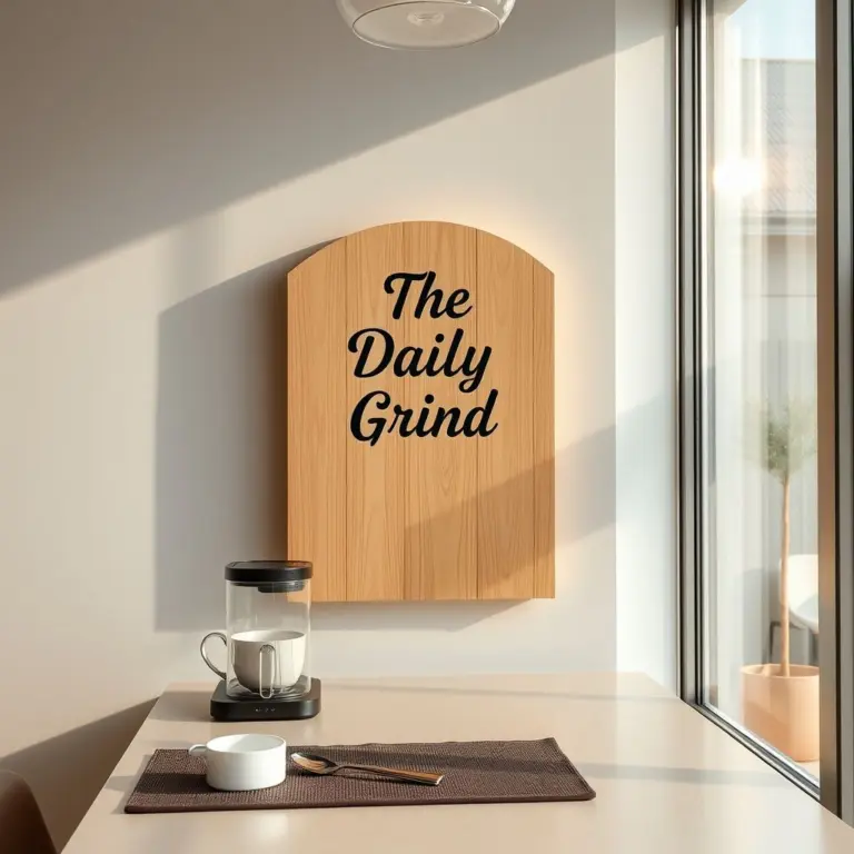 Minimalist coffee shop interior with a wooden sign.