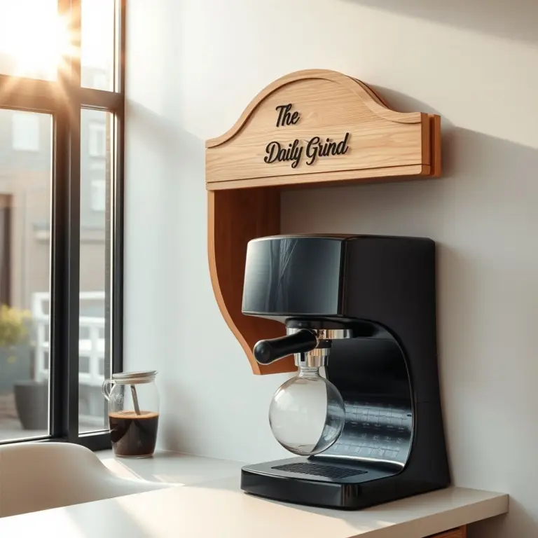 Minimalist coffee shop interior with a wooden 'The Daily Grind' sign.