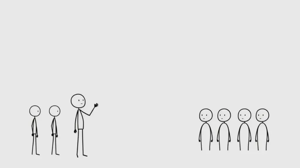 Minimalist stick figure talking, others watching.