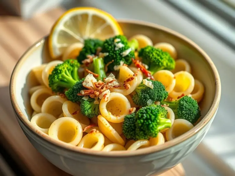Minimalist ceramic bowl filled with conchiglie pasta, broccoli, and almonds.