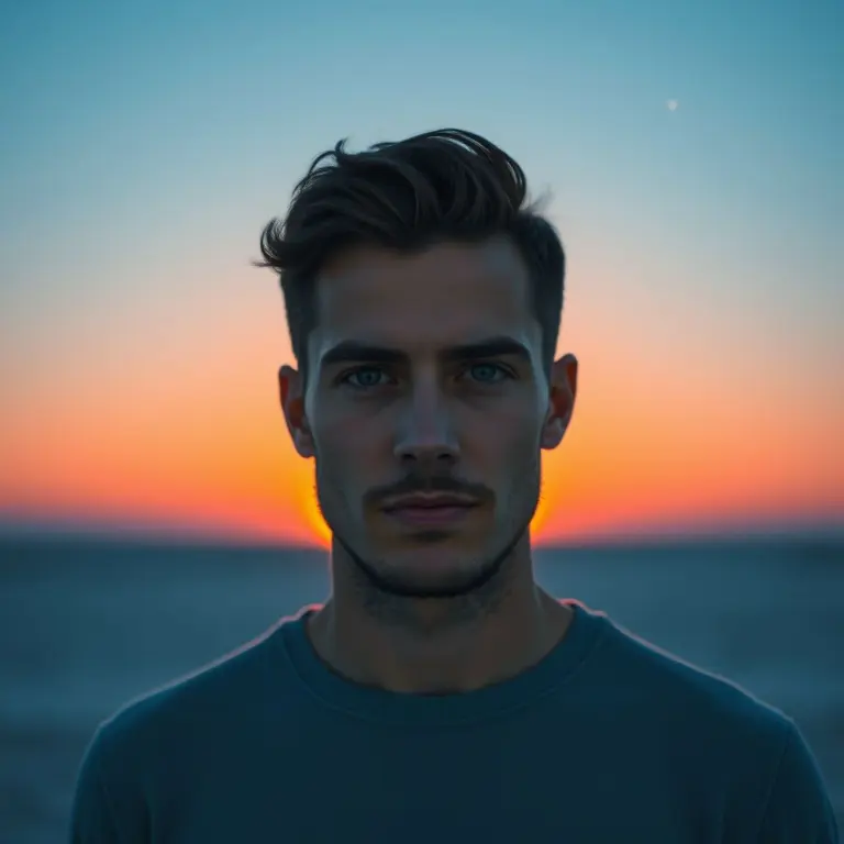 Minimalist portrait at dawn with blue sun and orange horizon.