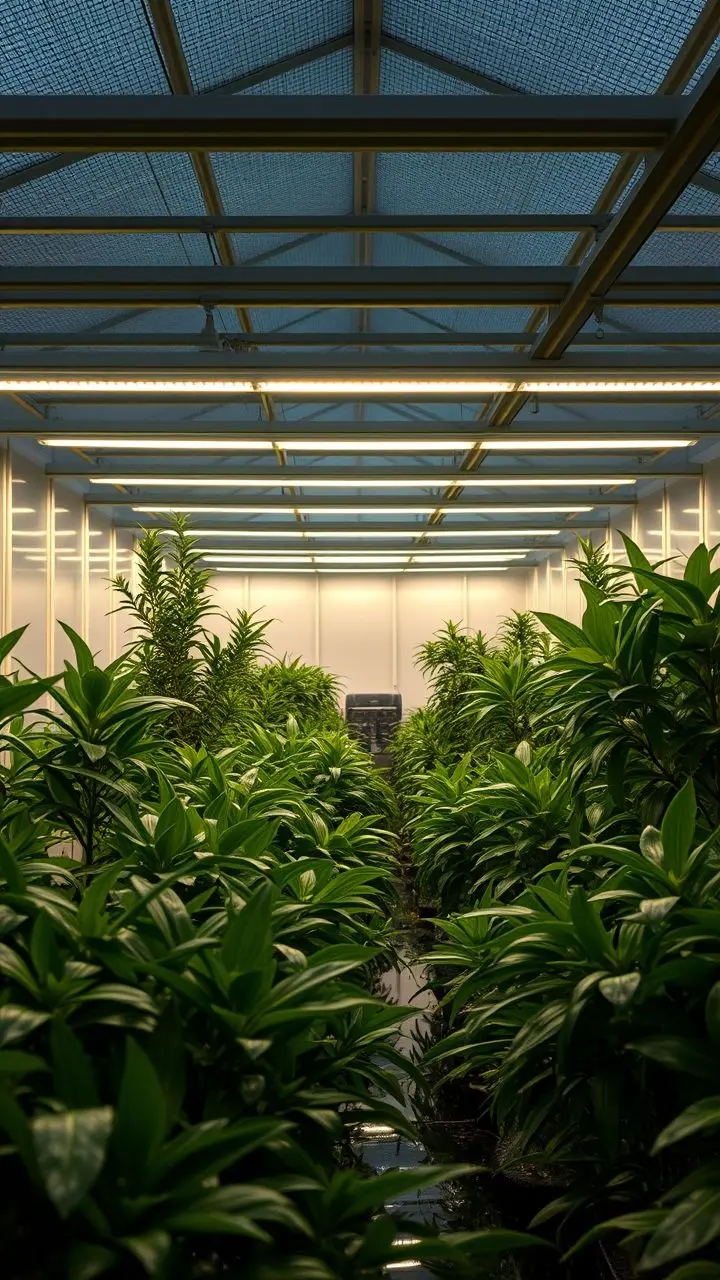 Minimalist greenhouse with LED lights, striped patterns on plants, water reflections, and modern architecture.