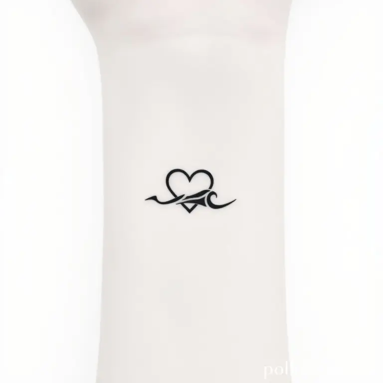 Minimalist black ink tattoo design of a heart and wave on a wrist.