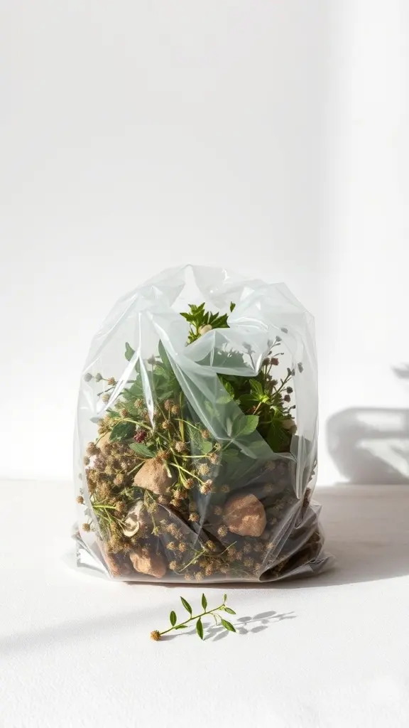 Transparent bag with wormwood and herbs on a white background.