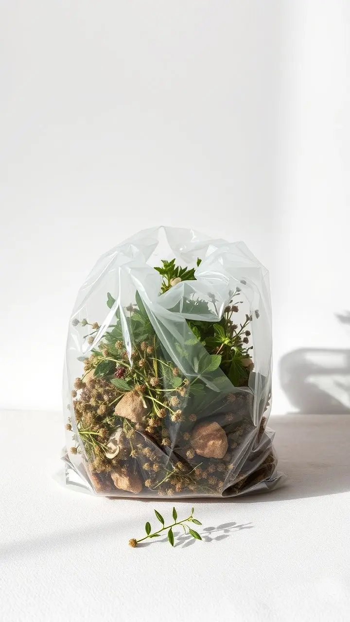 Transparent bag with wormwood and herbs on a white background.