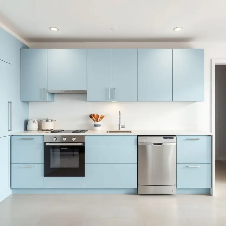 Modern minimalist kitchen, light blue cabinets, oven, dishwasher.