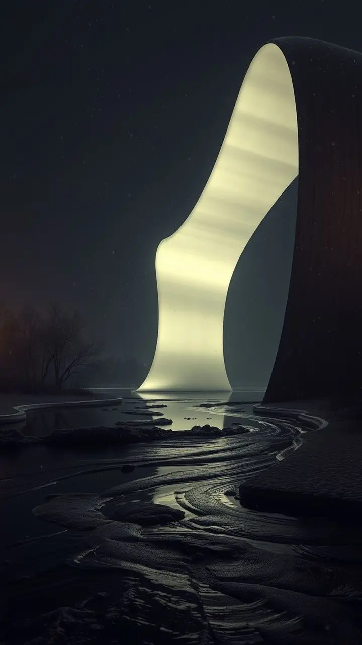 Minimalist warped structure at night with sleet and epoxy river.