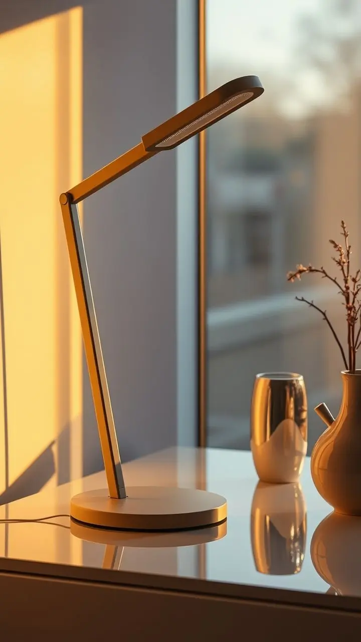Sleek reading lamp with glitching reflections at golden hour.