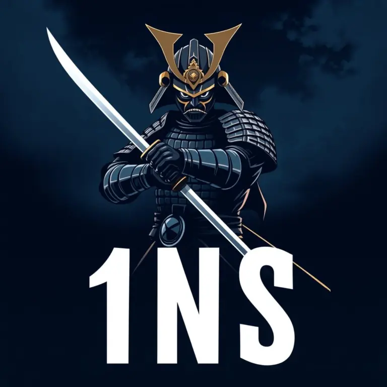 Minimalist samurai warrior with katana, navy blue background, '1NS' inscription.