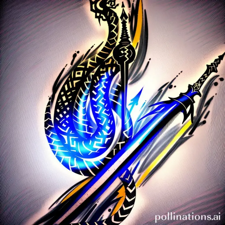 Minimalist black ink tattoo design of a serpent around a dagger.
