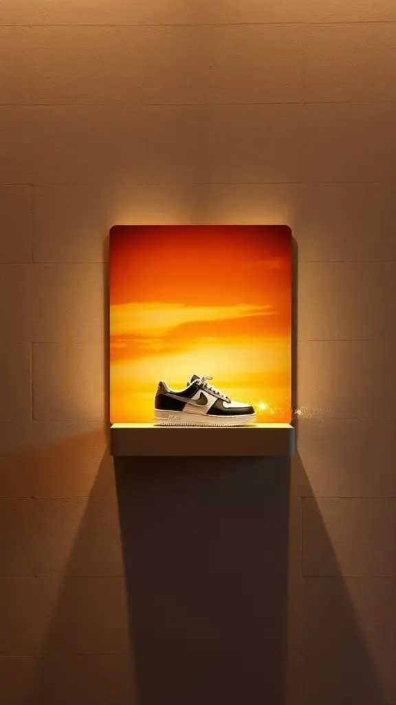 Sleek shoe display on textured wall with a warm, shifting sunset background.