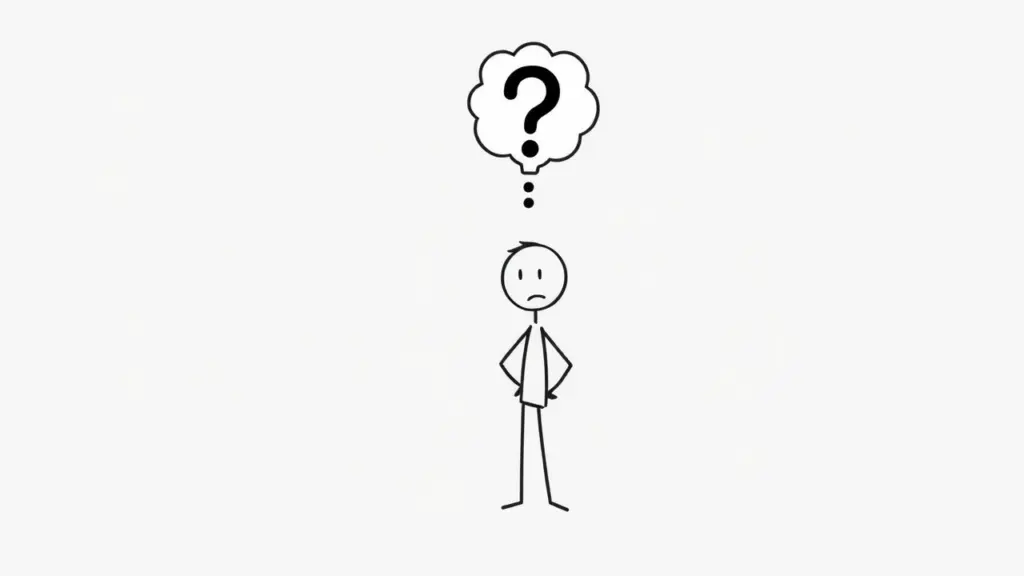 Minimalist stick figure with question mark thought bubble on gray background.