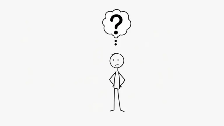 Minimalist stick figure with question mark thought bubble on gray background.