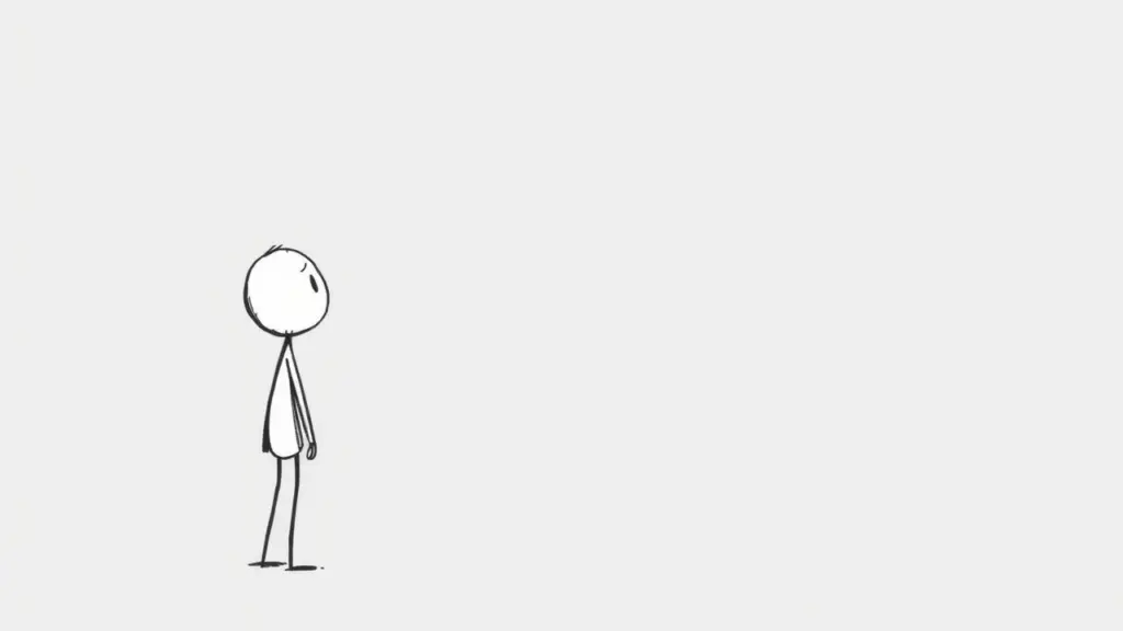 Minimalist stick figure, black lines, speaking, looking over shoulder, gray background, cautious.