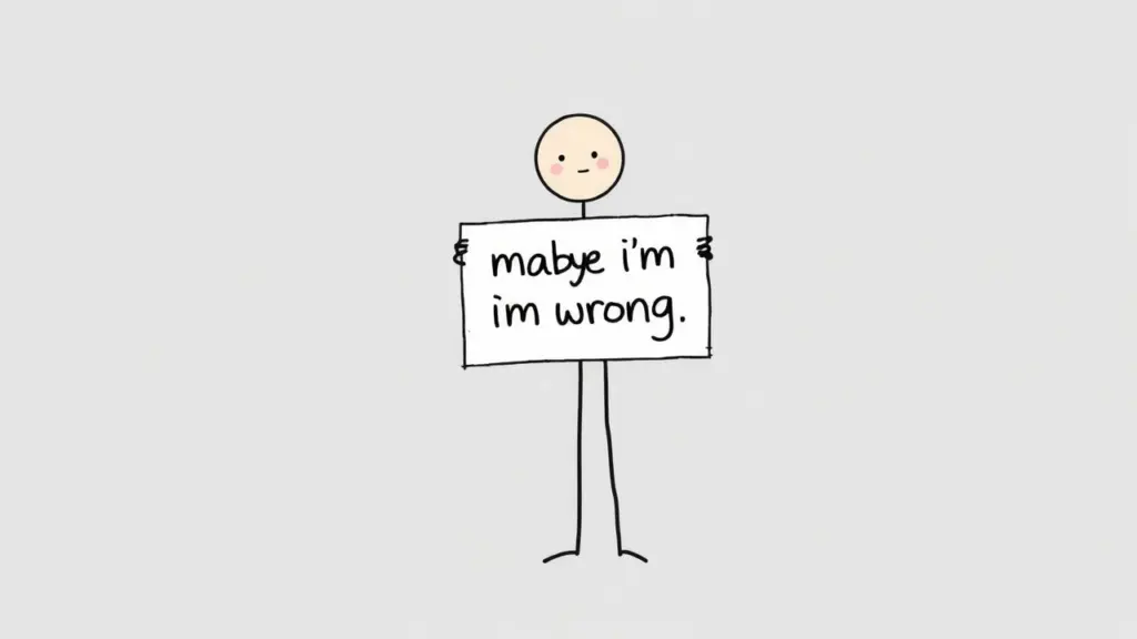 Stick figure holding a sign that says 'maybe I'm wrong' in MS Paint style on gray background.