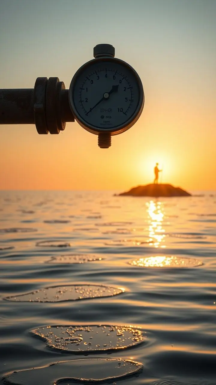 Minimalist seascape with pressure gauge, dewdrops, and CryptoPunk at sunrise.