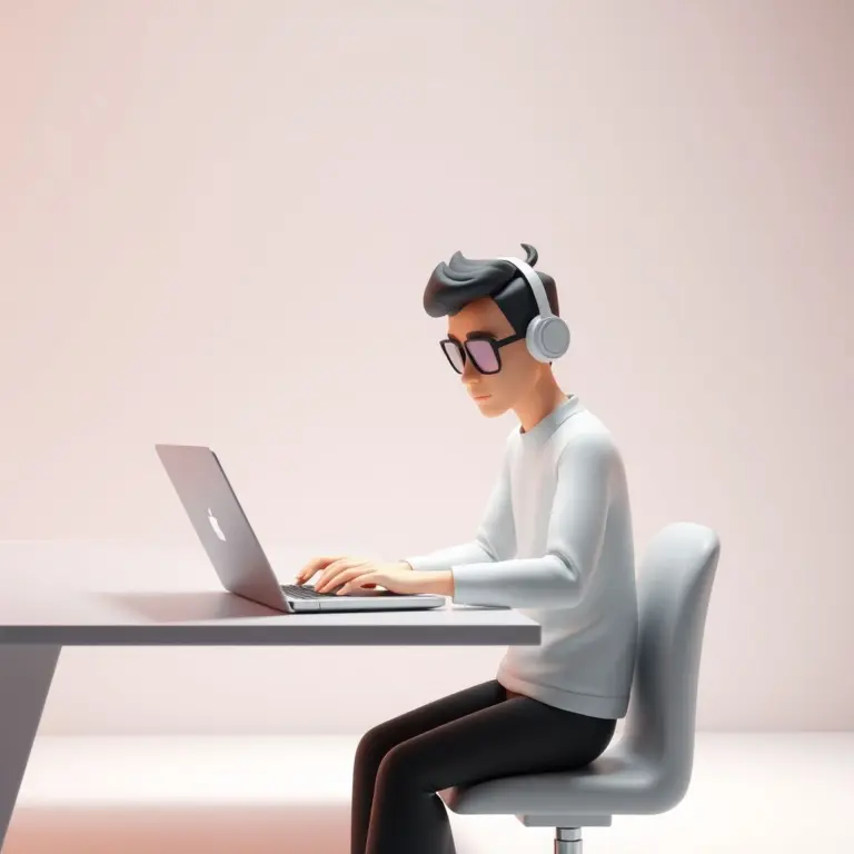 3D minimalist illustration of a nerdy developer with a laptop in soft green hues.