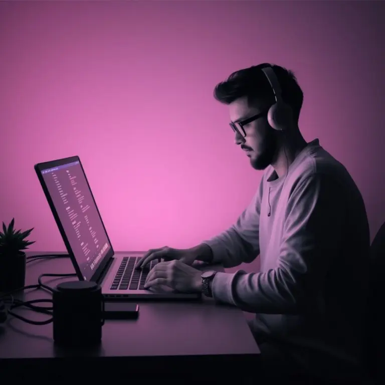 Developer at laptop, minimalist tech theme.