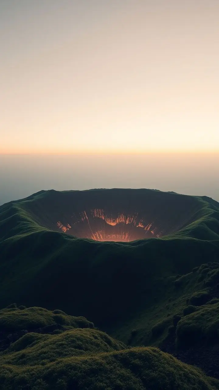 Minimalist inverted landscape with a glowing volcanic crater and mossy ground.