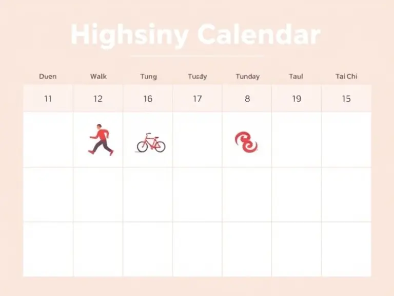Printable A4 weekly exercise calendar with minimalist icons for walking, cycling, and tai chi.