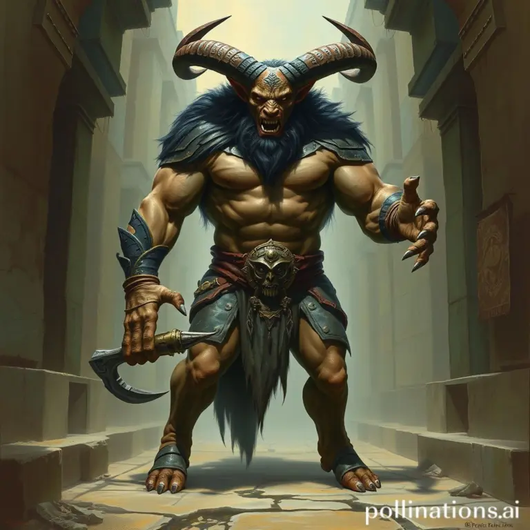 A powerful minotaur stands menacingly in a stone labyrinth.