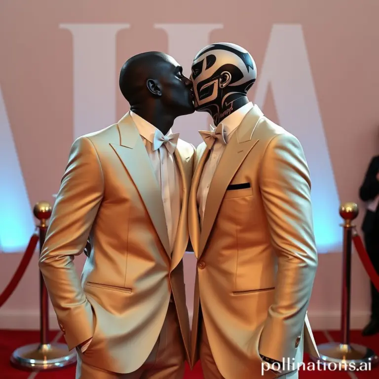 Mirko and Metamorph kissing in formal suits on a red carpet.