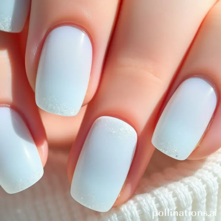 Close-up of short squoval nails, misty blue matte finish, silver glitter gradient.