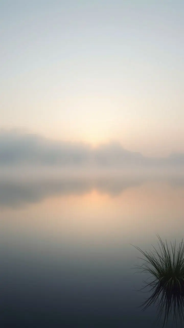 Misty lake at dawn with subtle noise.