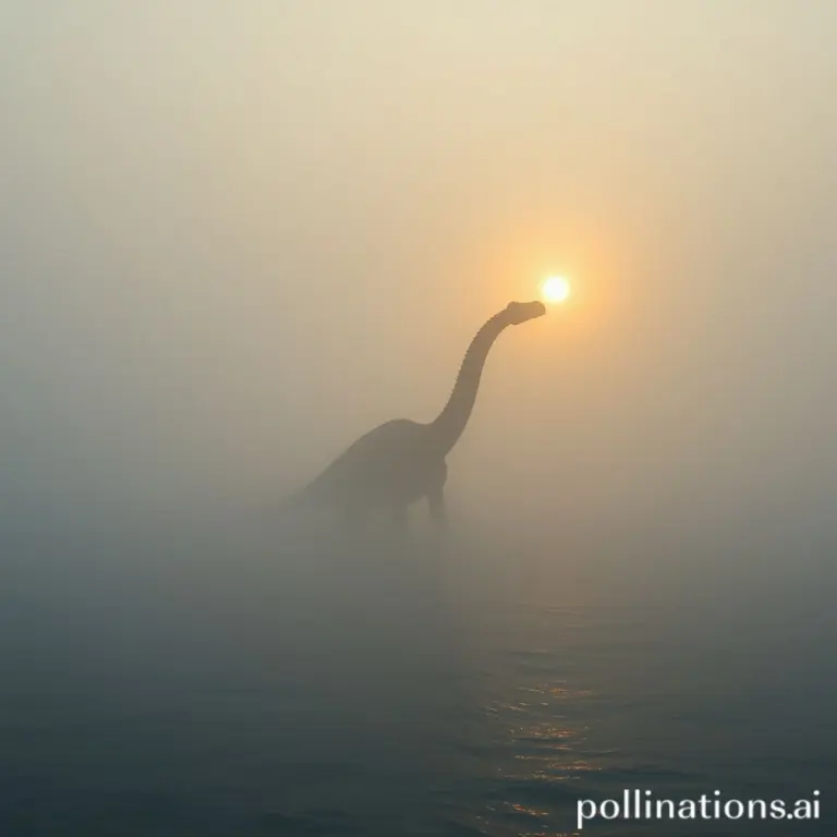 Diplodocus swimming in misty ocean at sunrise, moody lighting.