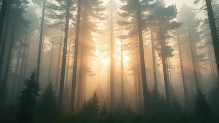 Misty forest with sunbeams at dawn