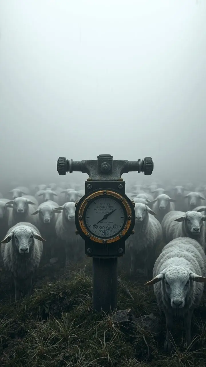 Weathered flow meter with sheep in misty drizzle, inverted Art Nouveau style.