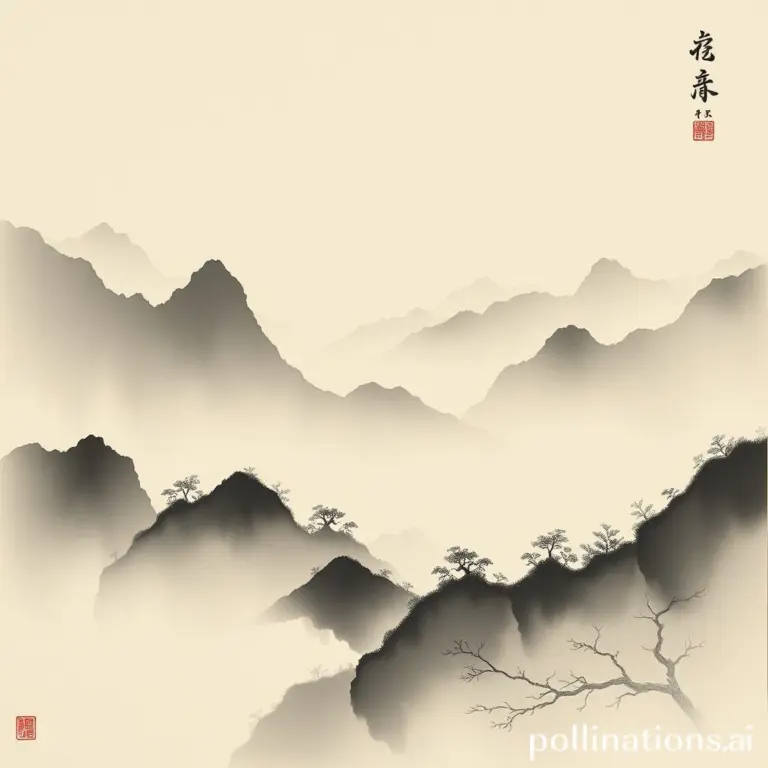 Ink wash painting of misty mountains and a pale moon.