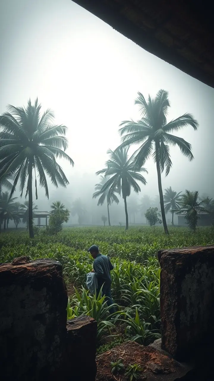 Oasis with palm trees and workers in fog with corroded walls.
