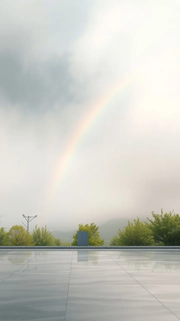 Foggy landscape with a faint rainbow and abundant pollen over transparent pavement.