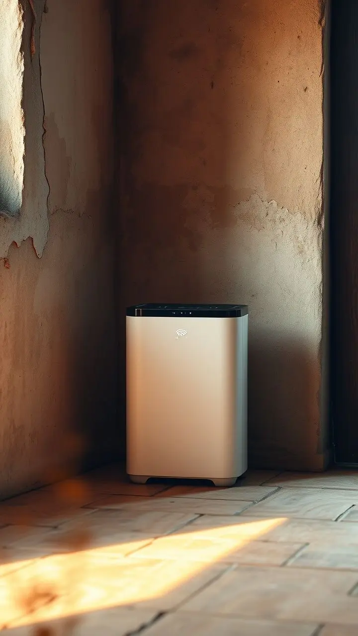 Wireless air purifier in Peru with rustic walls and warm light.