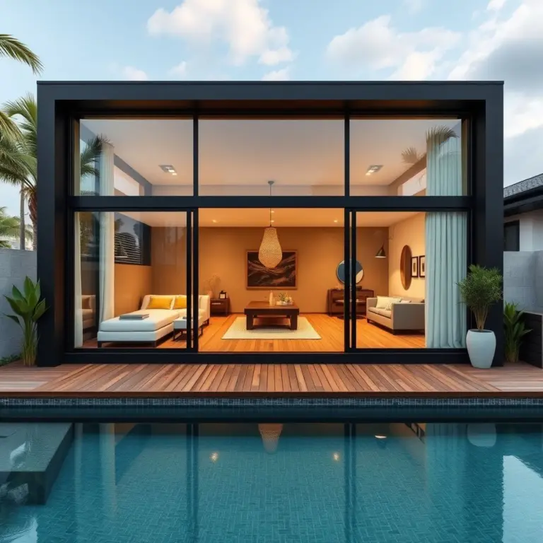 Black A-frame villa on stilts with a semi-circle pool and large windows.