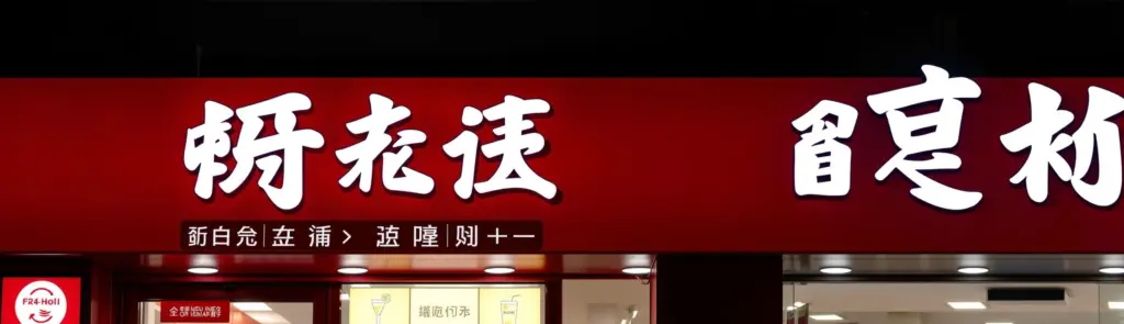 Red convenience store sign with white Chinese text and icons.