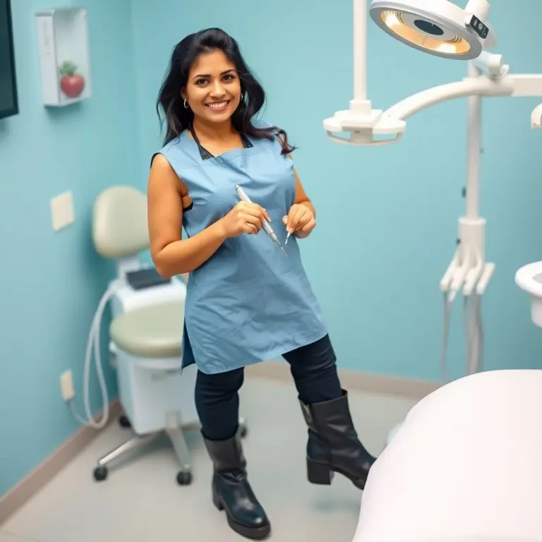 Desi female dentist in blue bib and ankle boots holding dental equipment.