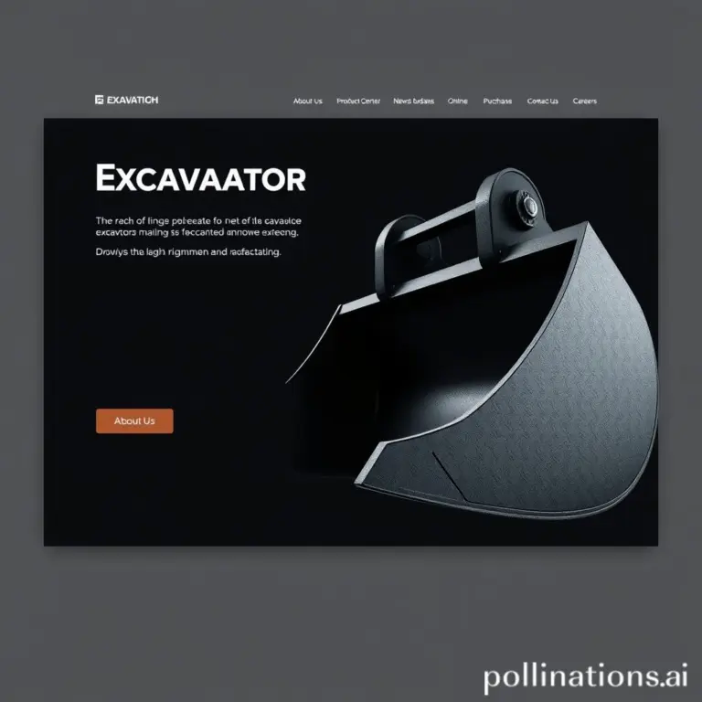 Homepage for excavator manufacturer with dark gray theme and excavator bucket detail.