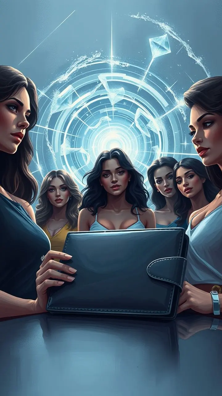 Sleek RFID wallet with Latinas, abstract Bose-Einstein condensates with icy flares in hard-edged painting style.