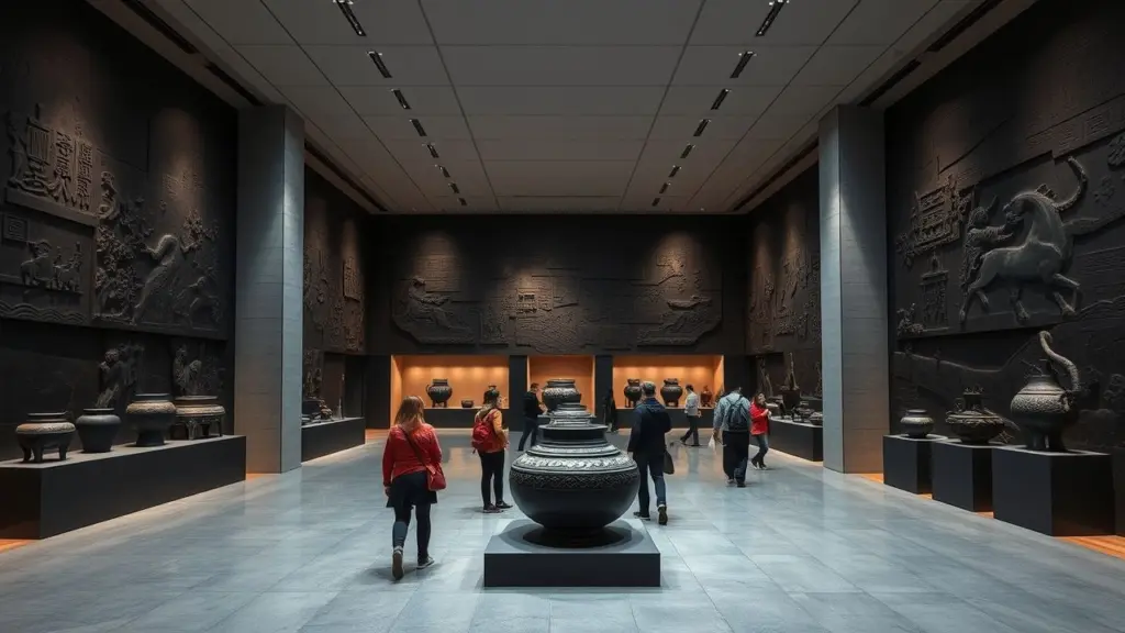 Modern museum hall with stone reliefs and pottery.