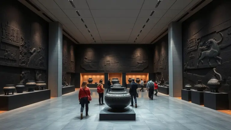 Modern museum hall with stone reliefs and pottery.