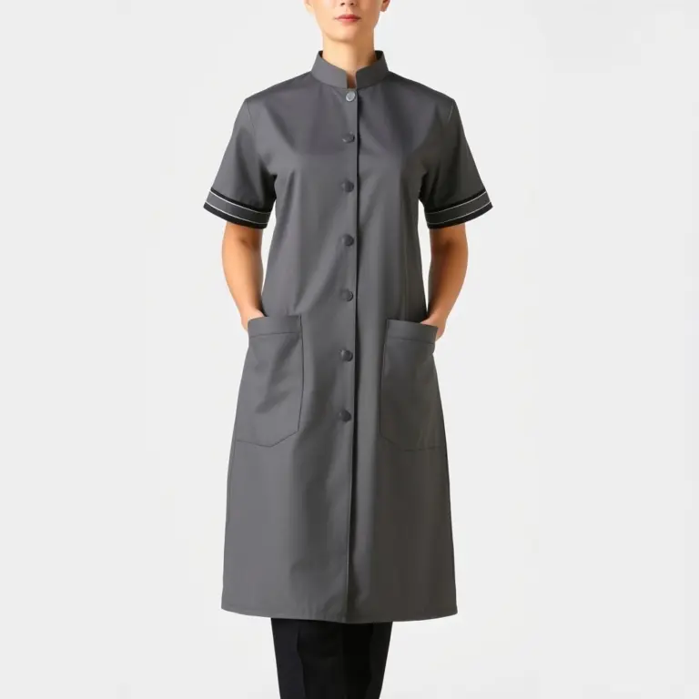 Medium grey housekeeping tunic with black trim on short sleeves and black trousers.