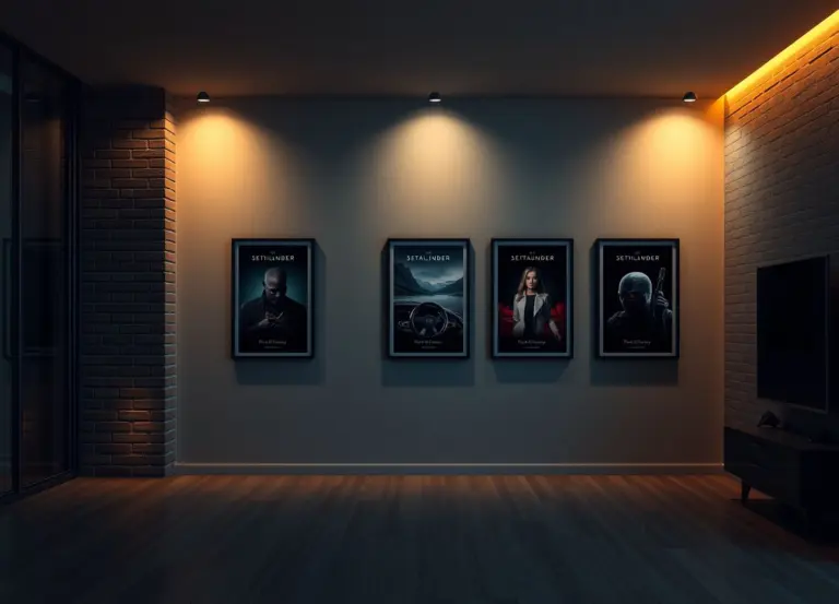 Modern wall with movie posters and brick texture.
