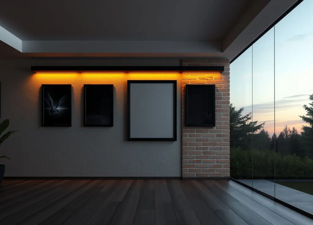 Modern interior wall with textured plaster, exposed brick, orange lighting, and vintage movie posters.