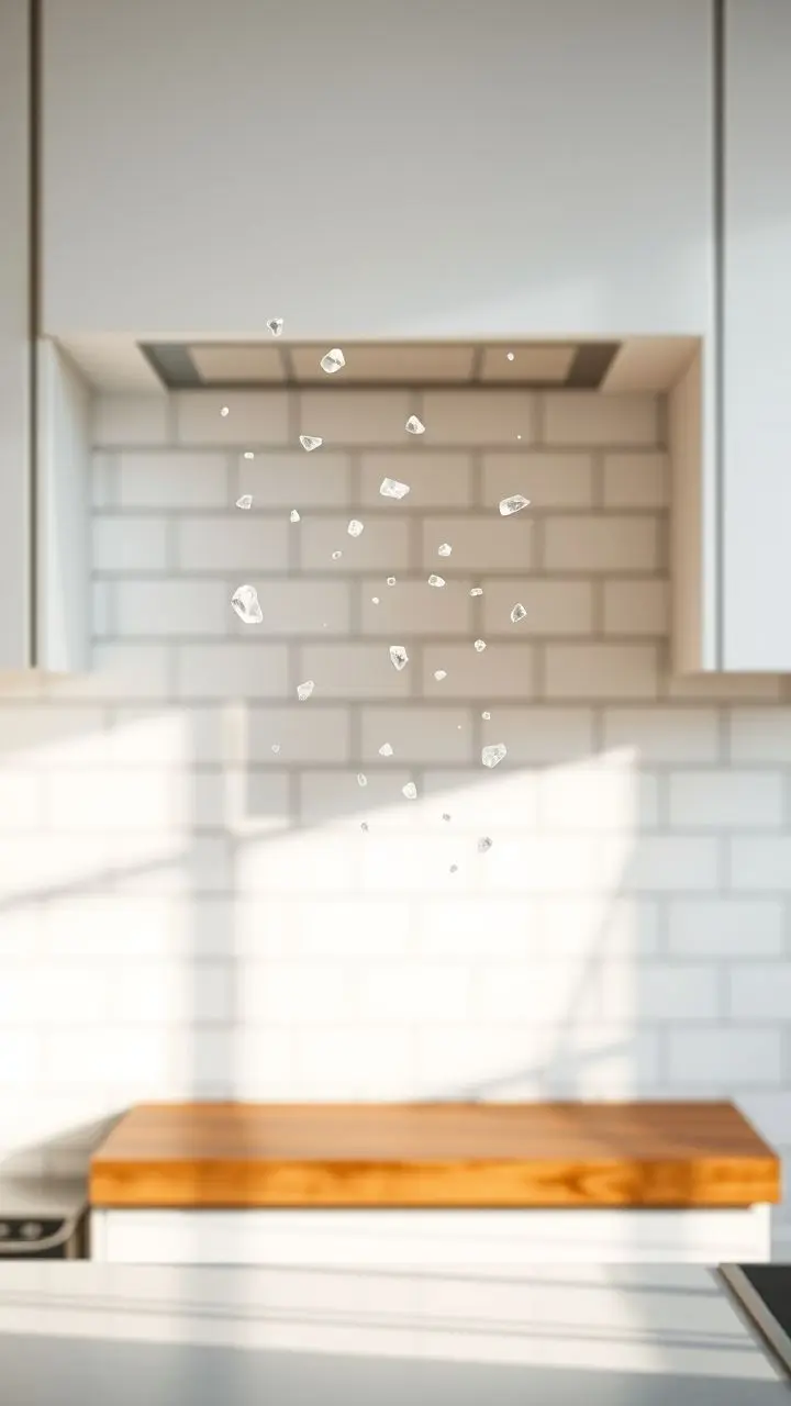 Modern kitchen subway tile backsplash with subtle frost and floating debris, tilt-shift effect.
