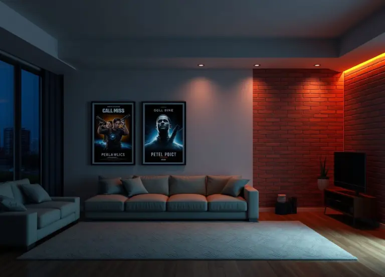 Living room wall with movie posters and orange-lit bricks.
